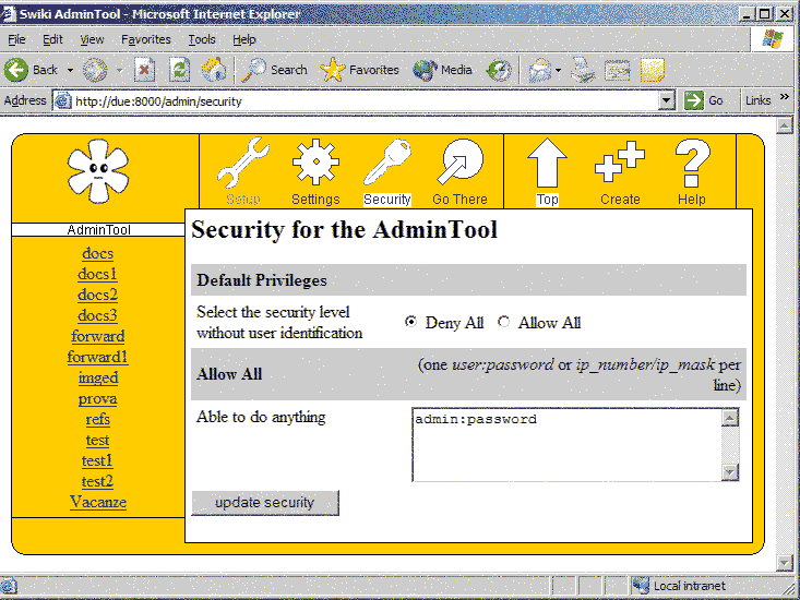 Maschera per la configurazione della sicurezza